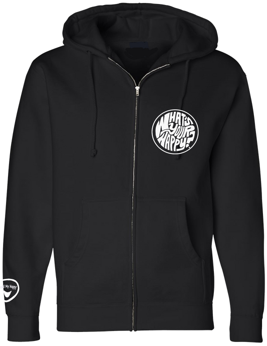 Found My Happy - What's Your Happy? Embroidered pocket/sleeve full zip hoodie - Found My Happy